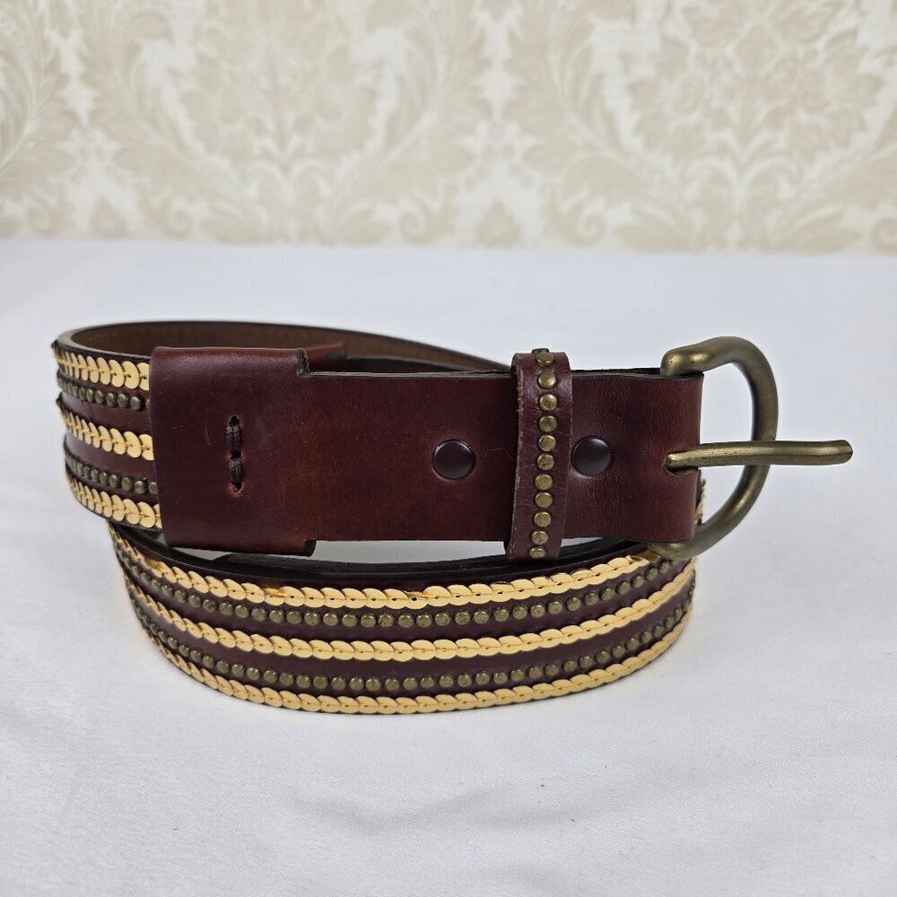 Express Size Medium Brown Leather Belt Gold Sequin Accents Antique Brass Buckle